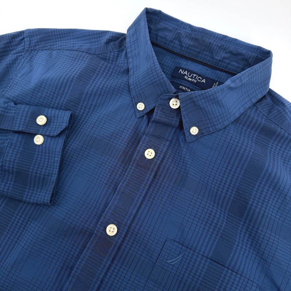 Nautica Shirt Mens L Blue Plaid Slim Fit Stretch Long Sleeve Casual Preppy Work